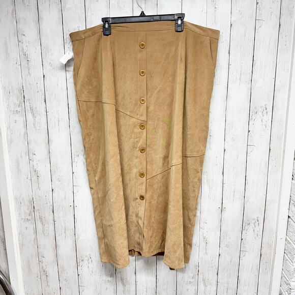 Vintage Fashion Bug Skirt Women Size 26/28W Tan Button Front Stretch Midi Pocket - Picture 1 of 7